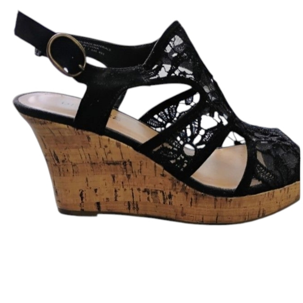 DEPT 222 Artesia Black Women's Platform Cork Sandals 4" Heel Side Buckle 8W - Picture 3 of 13